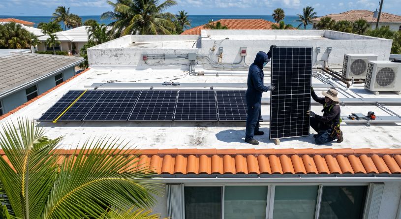 Paneles solares en techo residencial